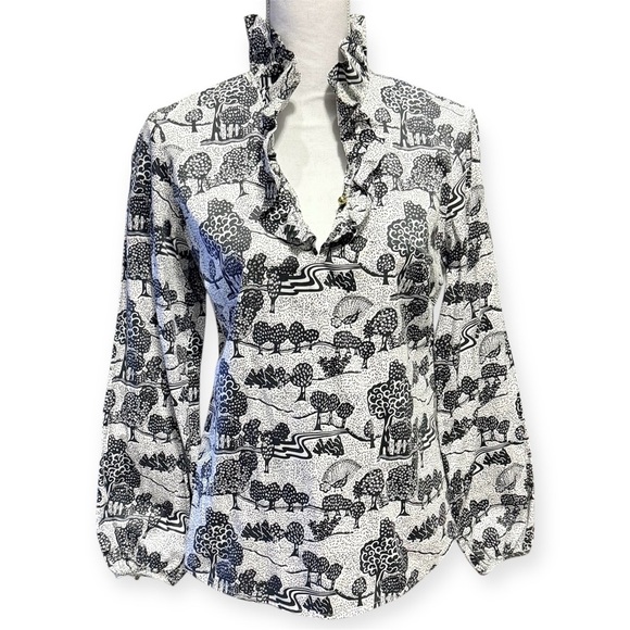 Elizabeth McKay Black & White Ruffle V-neck Blouse Artsy Trees Size 4 - Picture 3 of 14